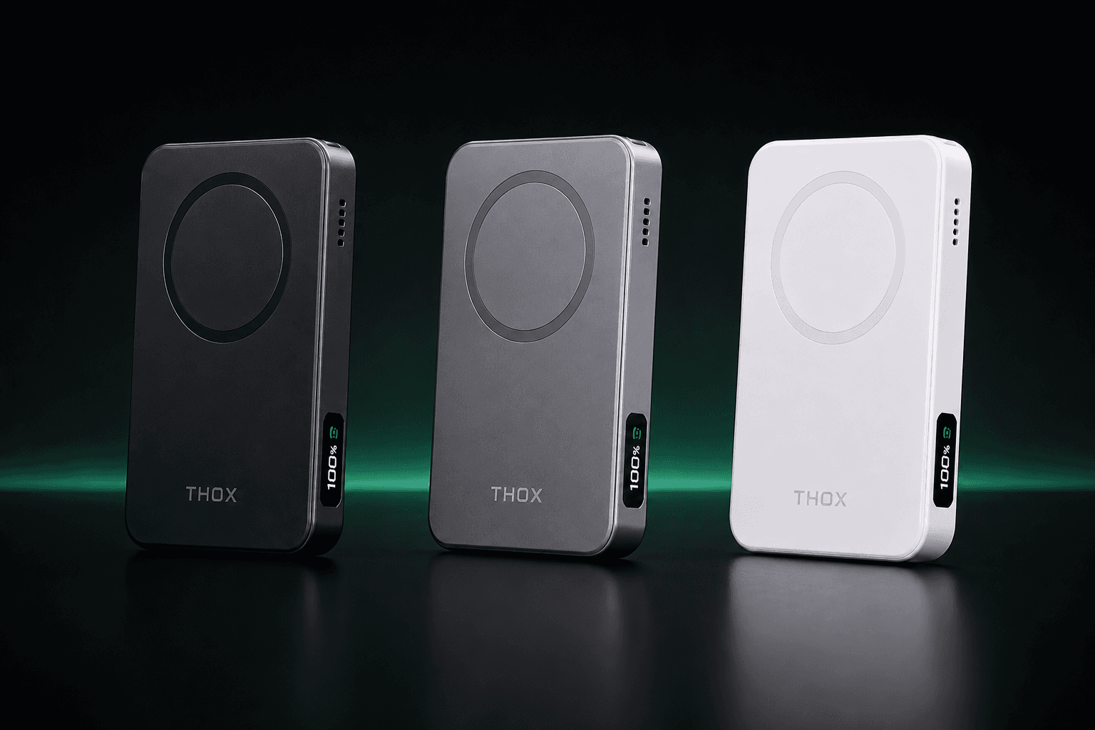 ThoxClip devices in Matte Black, Space Gray, and Arctic White, each with the circular magnetic alignment coil ring on the front face and the 100% edge status readout.