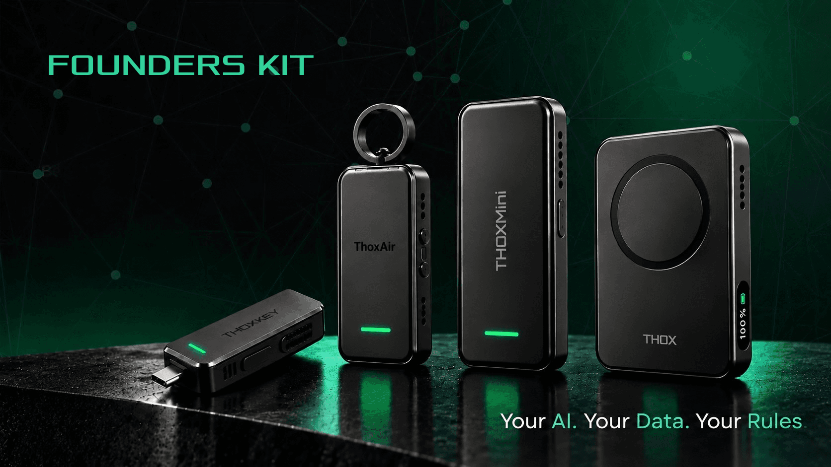 Founders Kit graphic, titled FOUNDERS KIT in green capitals at the top left. All four Founders Kit devices in Matte Black stand in one frame on a wet dark ledge against a green-lit backdrop patterned with faint network nodes: a ThoxKey resting on its side with its USB-C connector forward, a ThoxAir standing upright on its keyring loop, a ThoxMini carrying the vertical THOXMini mark, and a ThoxClip showing its circular magnetic ring, the THOX mark and the 100 per cent readout on its edge. Each shows a lit green status bar and reflects in the ledge. The THOX tagline Your AI. Your Data. Your Rules is set into the lower right.