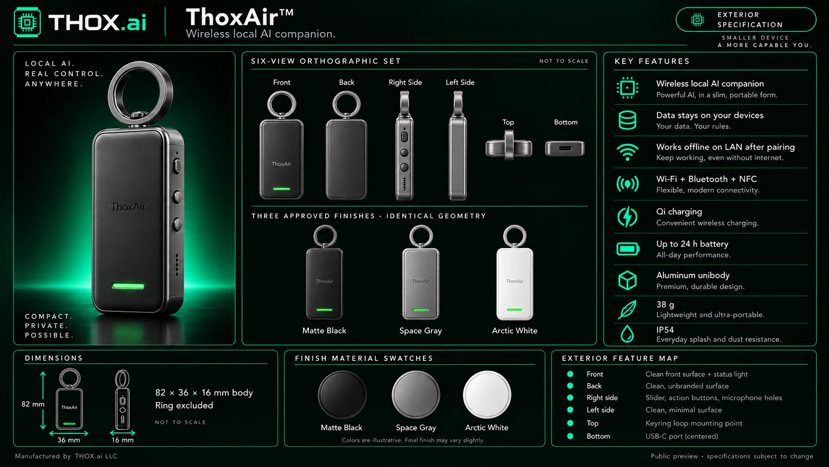 ThoxAir exterior specification sheet: a three-quarter hero render of the Matte Black body under its closed metal attachment ring, with the ThoxAir wordmark, the side-control stack and a lit status bar; front, back, right side, left side, top and bottom orthographic views showing the ring on its post, the slider, action buttons and microphone holes on the right edge, the keyring loop mounting point on top and a centred USB-C port on the bottom; the Matte Black, Space Gray and Arctic White finishes on identical geometry, each named ThoxAir; a dimensions panel giving an 82 by 36 by 16 mm body with the ring excluded; finish material swatches; and a labelled exterior feature map.