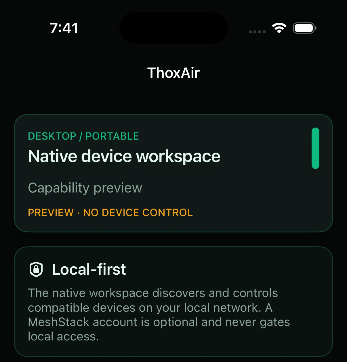 Cropped native iOS screenshot of the ThoxAir workspace preview, marked Preview, no device control