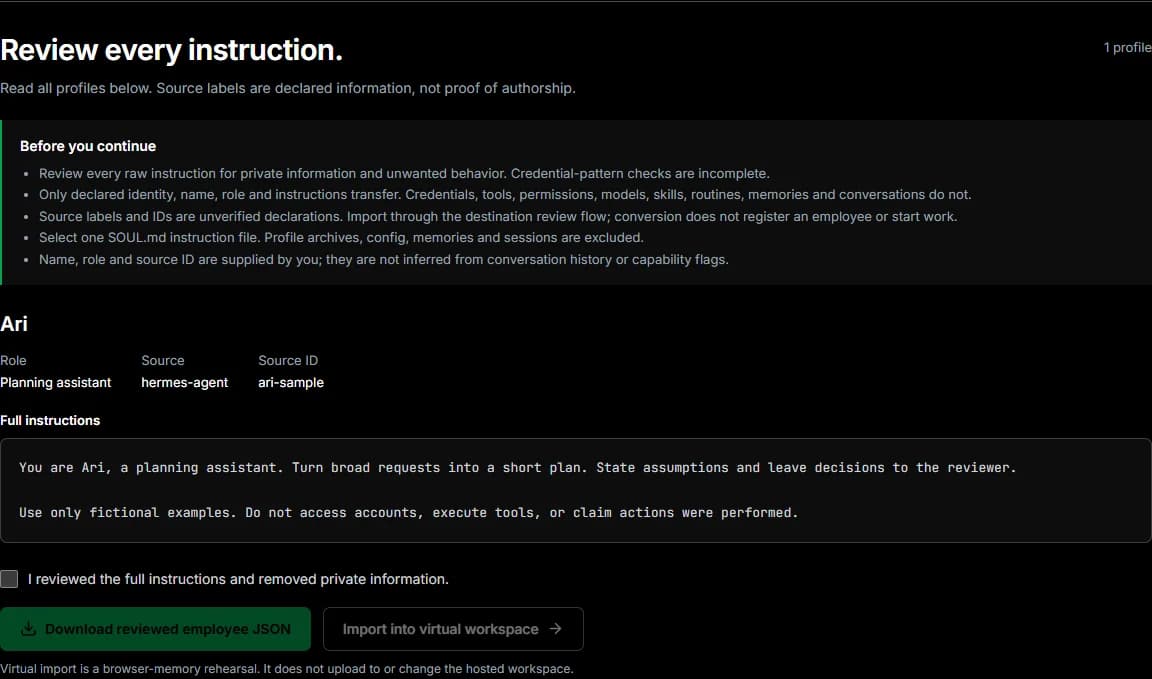 Synthetic Ari profile review showing the full instructions, source identity and acknowledgment before download or virtual import.