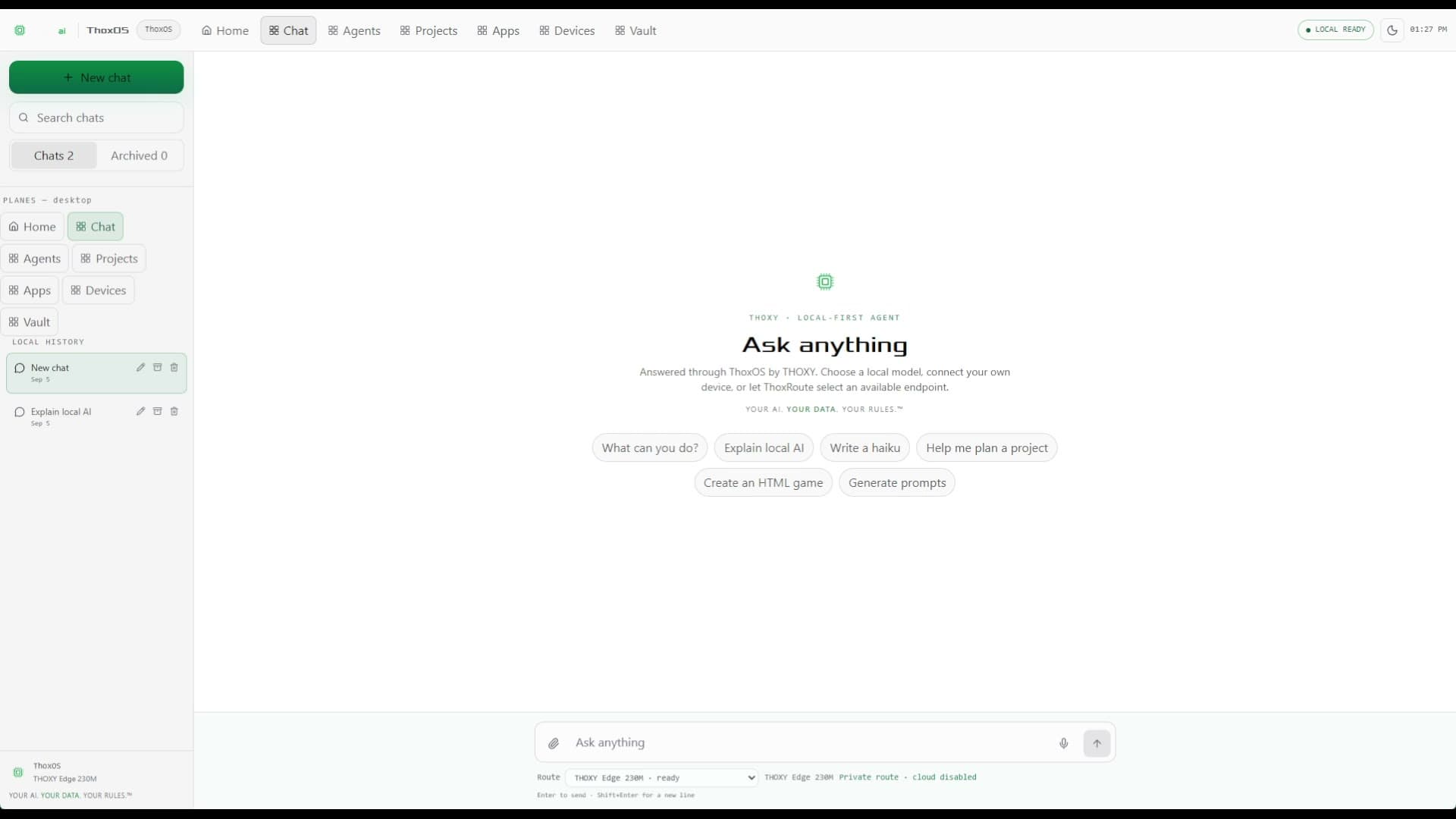 ThoxOS native desktop chat interface, with an explicit local route
