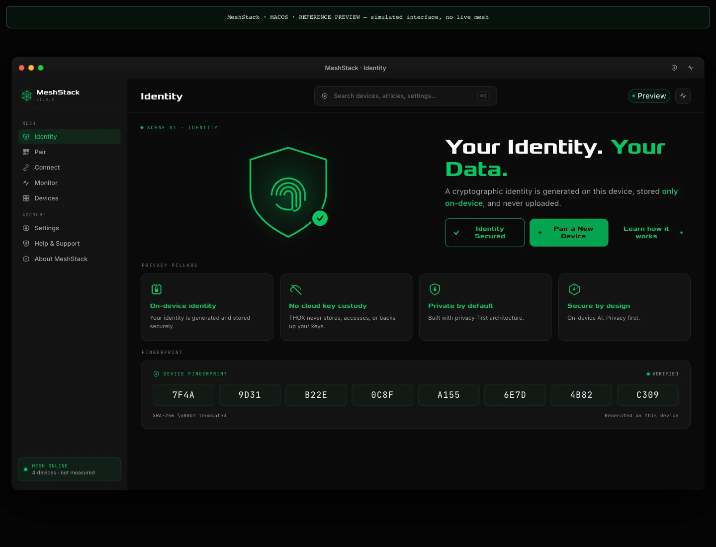 Annotated macOS MeshStack reference identity screen with example pairing navigation. No live devices are connected.