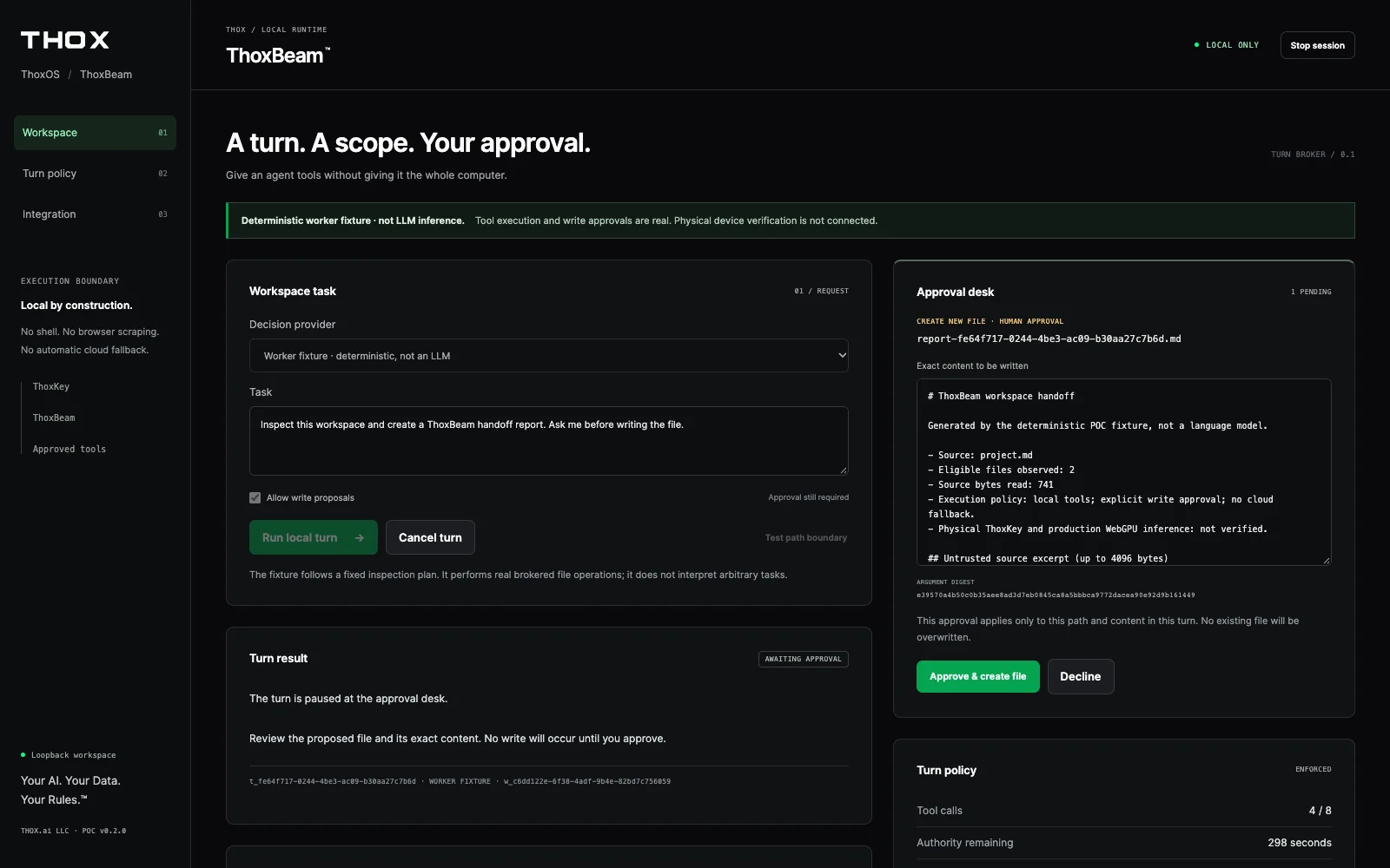 ThoxBeam development-reference workspace showing a scoped task, an approval desk and an execution trace.